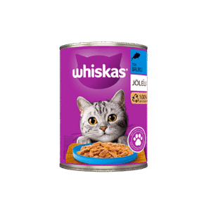 Whiskas ton balıklı jöleli yetişkin kedi konservesi 400 gr, mor renkli metal kutu ambalaj, gri tekir kedi ve mama tabağı görseli
