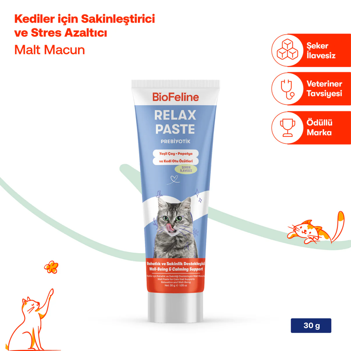 BİOFELİNE RELAX PASTE -Sakinleştirici Kedi Macunu – Doğal Stres Giderici -Kantaron İçerikli (30g)-2038
