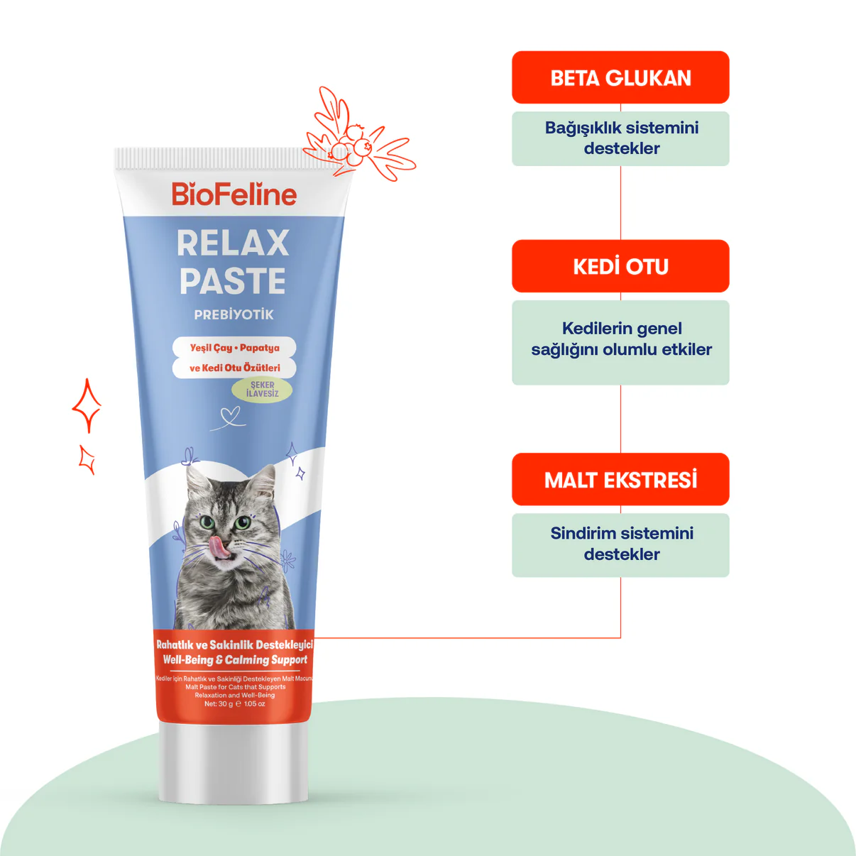 BİOFELİNE RELAX PASTE -Sakinleştirici Kedi Macunu – Doğal Stres Giderici Kantaron İçerikli (30g)-2038
