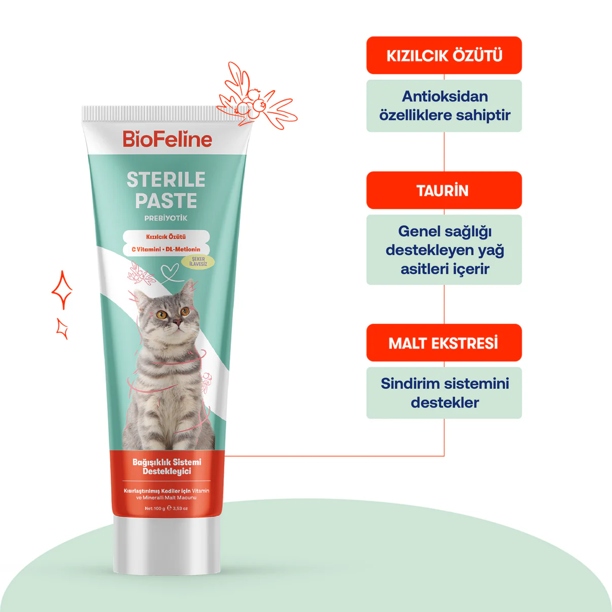 Biofeline Kısırlaştırılmış Kediler İçin Vitaminli Malt Macunu – 100g- 2034