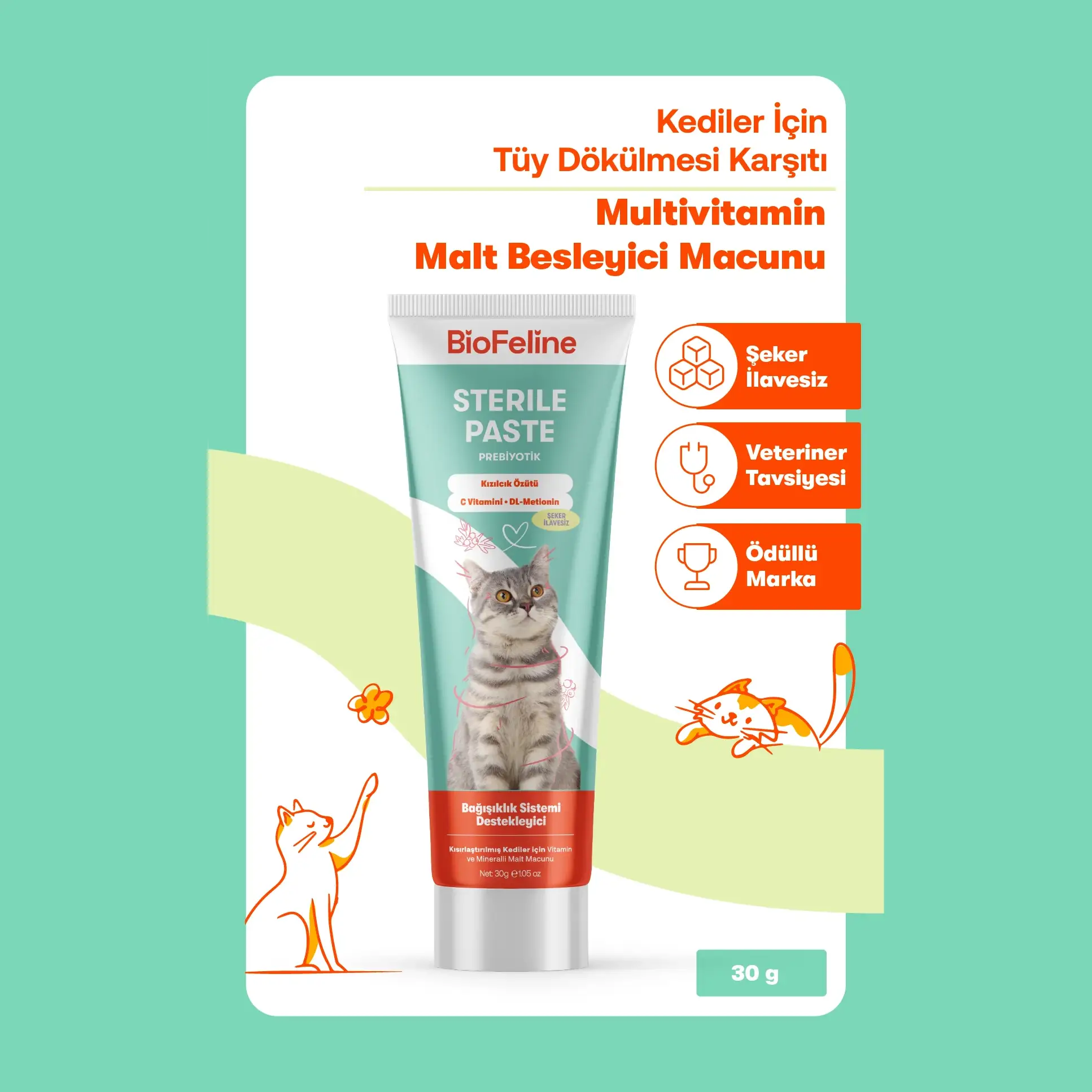BioFeline Sterile Paste Kısırlaştırılmış Kediler İçin Kızılcık ve DL-Metioninli Malt Macunu - 30 gr