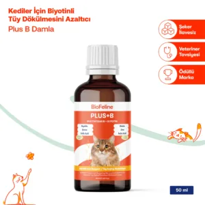 "BioFeline Plus+B kediler için tüy dökülmesini azaltan biotin ve multivitamin damlası 50ml şişe."