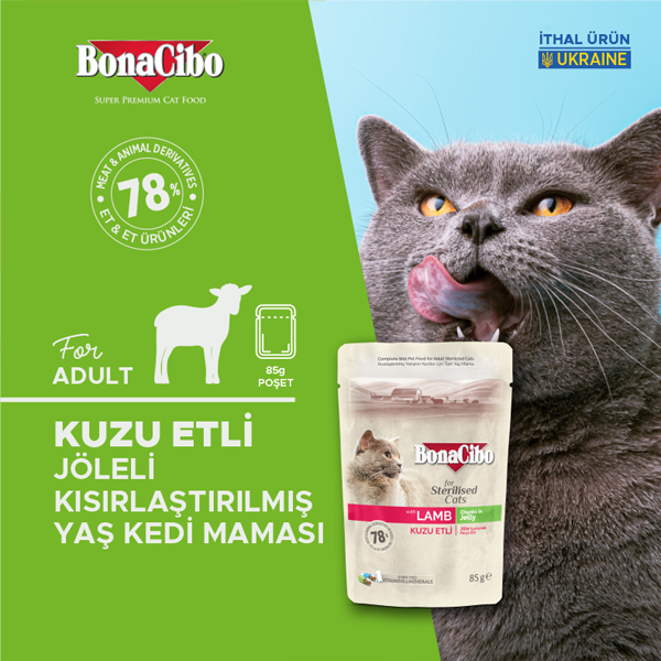 2267-BonaCibo Jöleli Kuzulu Pouch Kısırlaştırılmış Yetişkin Kedi Yaş Maması 85 Gr